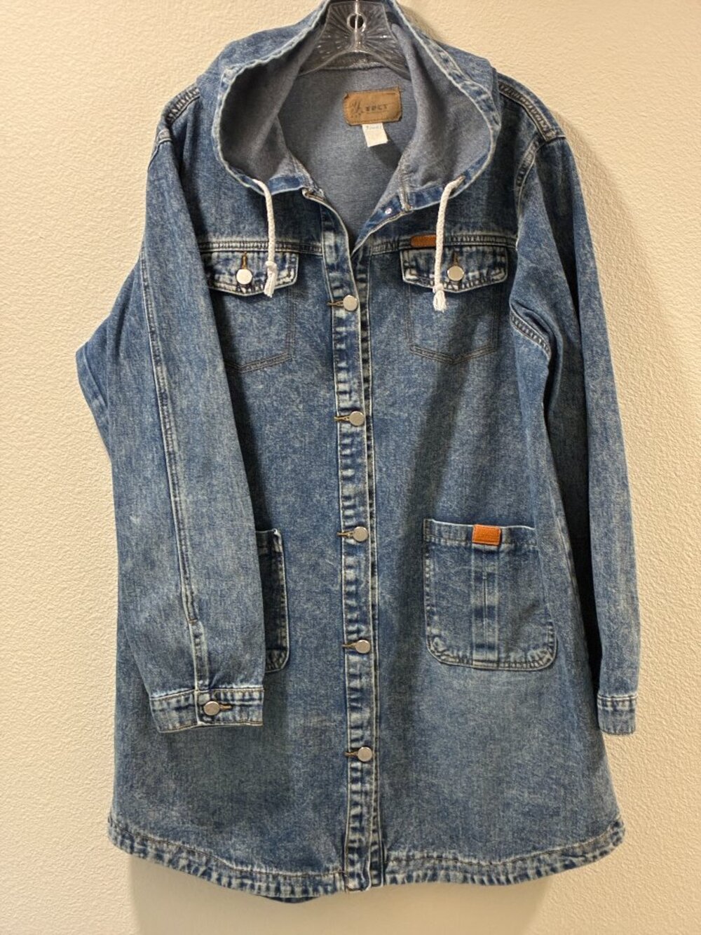 YPCT - YIPINCHAOTANG Blue Washed Distressed Long Line Hood Denim Jacket Women XL